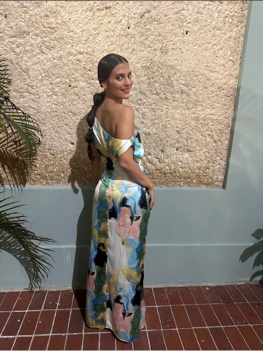 Luxxel One-Shoulder Multicolor Abstract Maxi Dress in Blue, Pink & Yellow - Picture 3 of 3